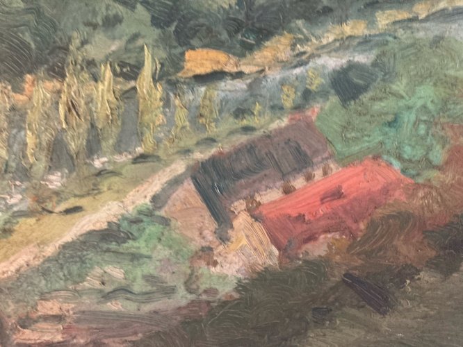 peinture huile panneau bois 1950 paysage  Village impressionniste Arbre