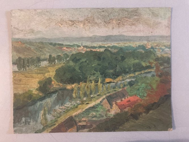 peinture huile panneau bois 1950 paysage  Village impressionniste Arbre