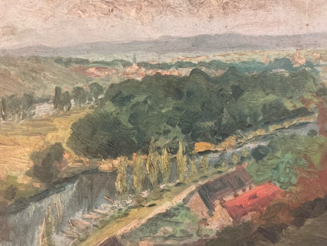 peinture huile panneau bois 1950 paysage  Village impressionniste Arbre