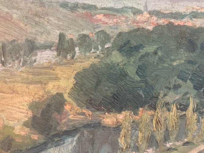 peinture huile panneau bois 1950 paysage  Village impressionniste Arbre