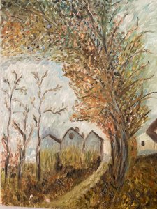 oil painting wood panel 1950 landscape post-impressionist village Art
