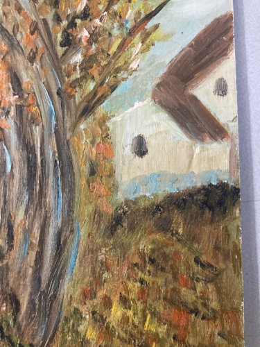 peinture huile panneau bois 1950 paysage  Village post impressionniste Art