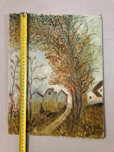 peinture huile panneau bois 1950 paysage  Village post impressionniste Art