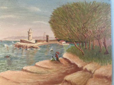 Peinture Huile Panneau Carton 1922 Mer Méditerranée Marseille Phare Art Brut