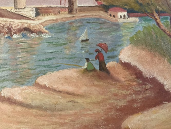 Peinture Huile Panneau Carton 1922 Mer Méditerranée Marseille Phare Art Brut