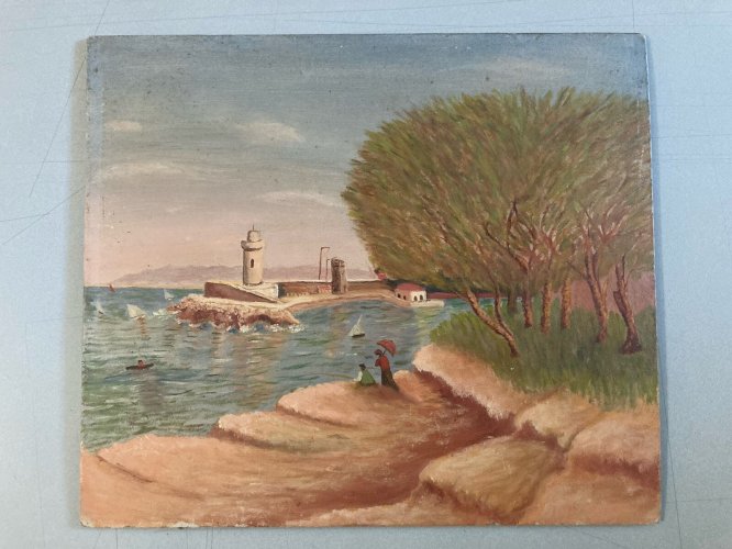 Peinture Huile Panneau Carton 1922 Mer Méditerranée Marseille Phare Art Brut