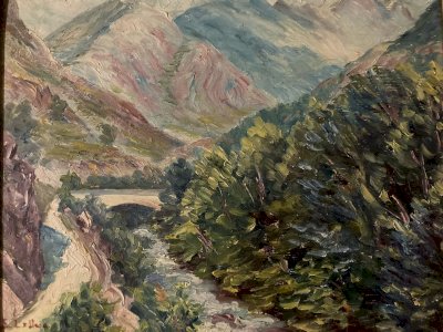 oil painting panel cardboard 1940? impressionist landscape Pointillism