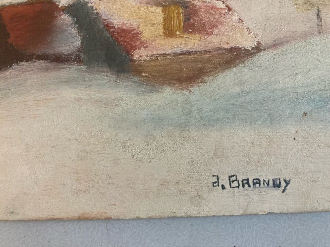 Peinture Huile Panneau Carton Hsp Debut XXe Maison Neige Brandy Art