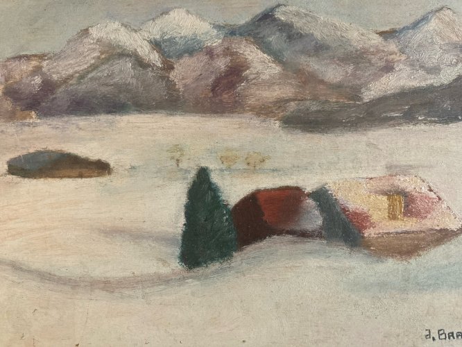 Peinture Huile Panneau Carton Hsp Debut XXe Maison Neige Brandy Art
