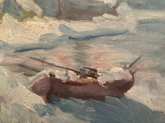 Peinture Huile Panneau Carton Hsp Debut XXe Maison Neige Mer Bateau