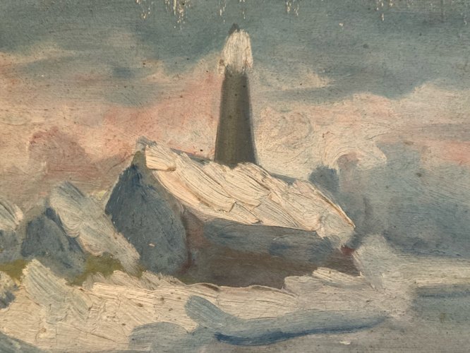 Peinture Huile Panneau Carton Hsp Debut XXe Maison Neige Mer Bateau