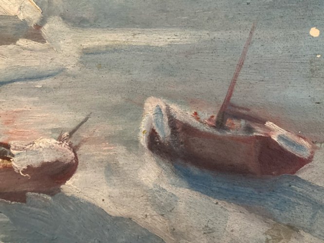 Peinture Huile Panneau Carton Hsp Debut XXe Maison Neige Mer Bateau