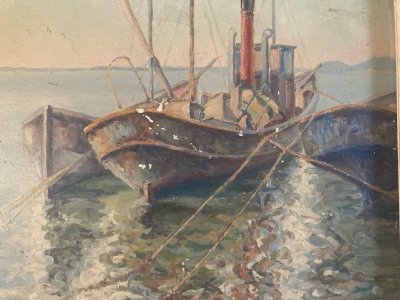 Oil Painting Panel Cardboard Early 20th Century Port Sea Boat Ocean Art