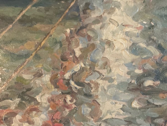 Peinture Huile Panneau Carton Hsp Debut XXe Port Mer Bateau Océan Art