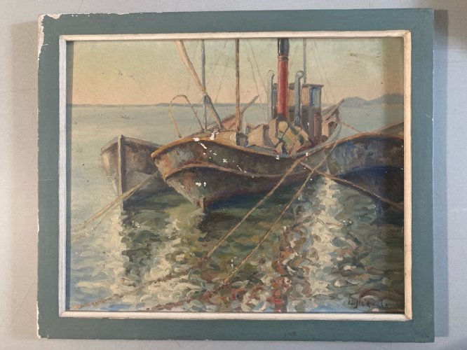 Peinture Huile Panneau Carton Hsp Debut XXe Port Mer Bateau Océan Art