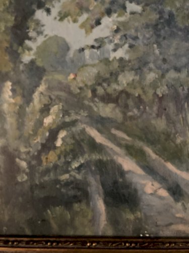 peinture huile panneau Carton Paysage Arbre A Identifier Art XIXe Papillon 1880