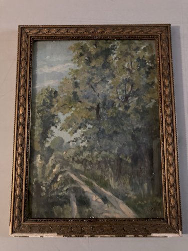 peinture huile panneau Carton Paysage Arbre A Identifier Art XIXe Papillon 1880