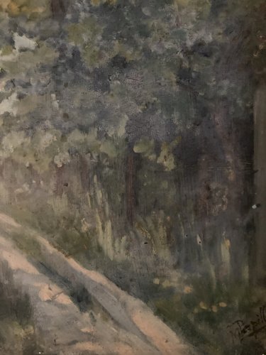 peinture huile panneau Carton Paysage Arbre A Identifier Art XIXe Papillon 1880