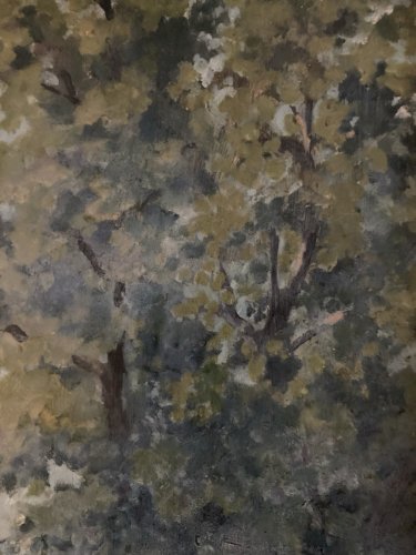 peinture huile panneau Carton Paysage Arbre A Identifier Art XIXe Papillon 1880