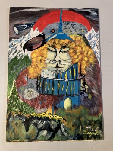 Peinture Huile Panneau Chat Botté Dodo Surréaliste Surréalisme 1970 Ancien Art