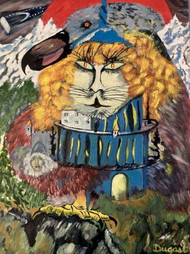 Peinture Huile Panneau Chat Botté Dodo Surréaliste Surréalisme 1970 Ancien Art