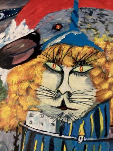 Peinture Huile Panneau Chat Botté Dodo Surréaliste Surréalisme 1970 Ancien Art