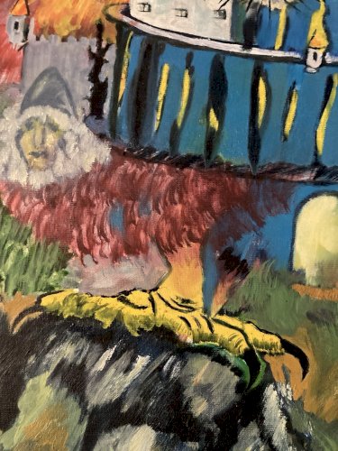 Peinture Huile Panneau Chat Botté Dodo Surréaliste Surréalisme 1970 Ancien Art