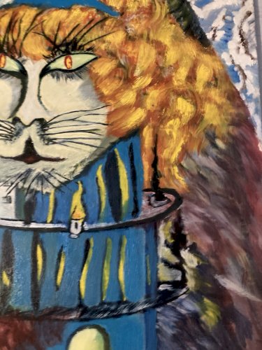 Peinture Huile Panneau Chat Botté Dodo Surréaliste Surréalisme 1970 Ancien Art