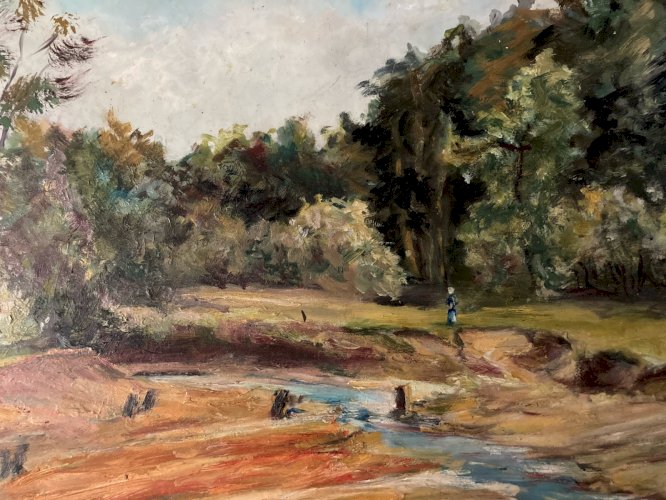 Peinture Huile Panneau Fer Metal Plaque Hsp 1975 Paysage Rivière Art