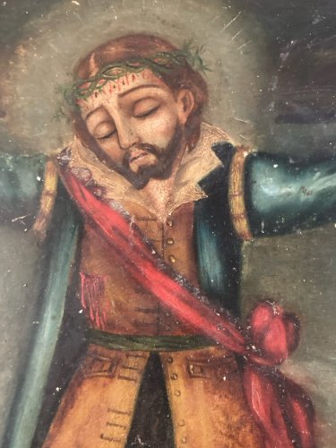 Peinture Huile Panneau Fer Metal Plaque Saint Acacio Religion Ex Voto? Art