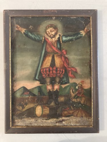 Peinture Huile Panneau Fer Metal Plaque Saint Acacio Religion Ex Voto? Art