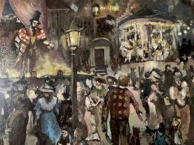 peinture huile panneau Fête Foraine Manège Magicien Expressionnisme 1970 Art