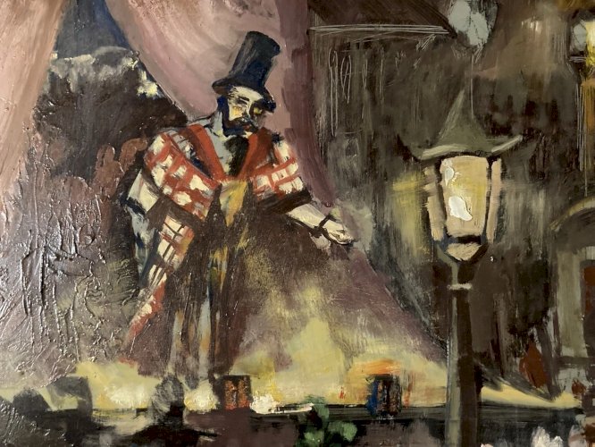 peinture huile panneau Fête Foraine Manège Magicien Expressionnisme 1970 Art