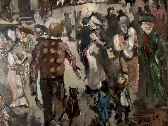 peinture huile panneau Fête Foraine Manège Magicien Expressionnisme 1970 Art