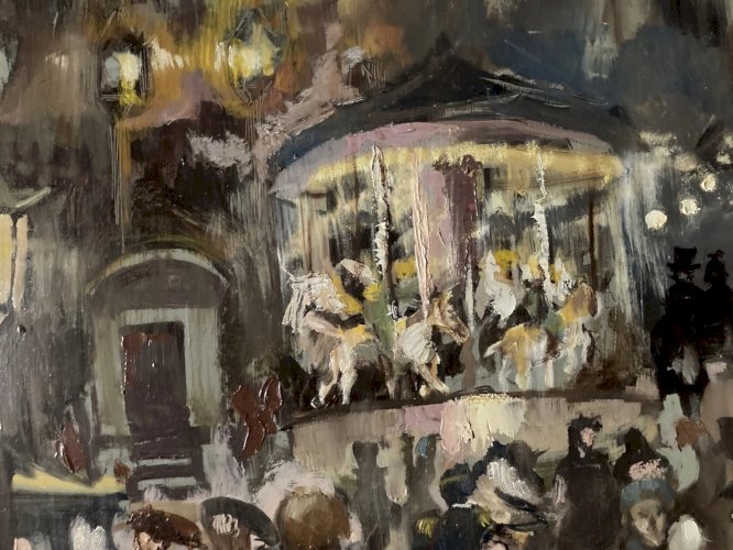 peinture huile panneau Fête Foraine Manège Magicien Expressionnisme 1970 Art