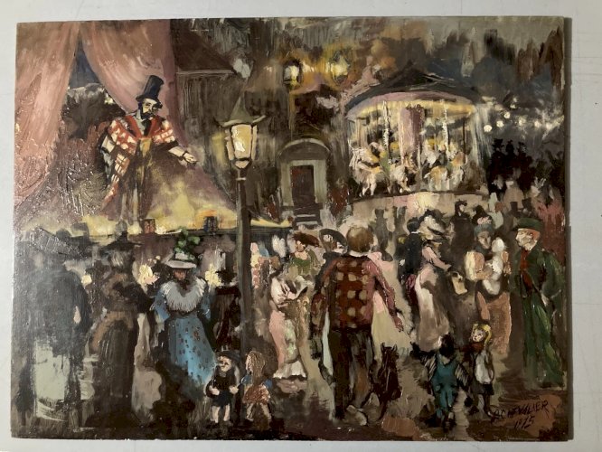 peinture huile panneau Fête Foraine Manège Magicien Expressionnisme 1970 Art
