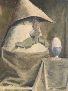 Oil Painting Panel Egg Egg Cup Shell Surrealist Surrealism 1950 Antique