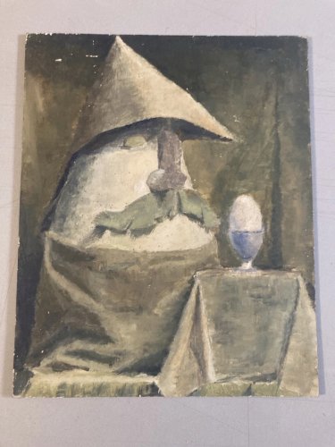 Peinture Huile Panneau Œuf Coquetier Coque Surréaliste Surréalisme 1950 Ancien