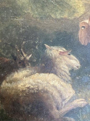 Peinture Huile Papier 1850 Art Mouton Chèvre Animal Animaux Ancien A Identifier