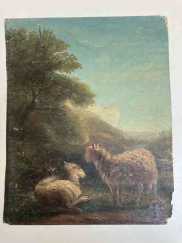 Peinture Huile Papier 1850 Art Mouton Chèvre Animal Animaux Ancien A Identifier