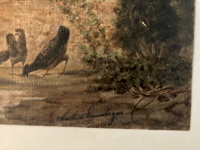 Peinture Huile Papier 1850 Poule Ferme Basse-cour Charles DE LAREMBERGUES