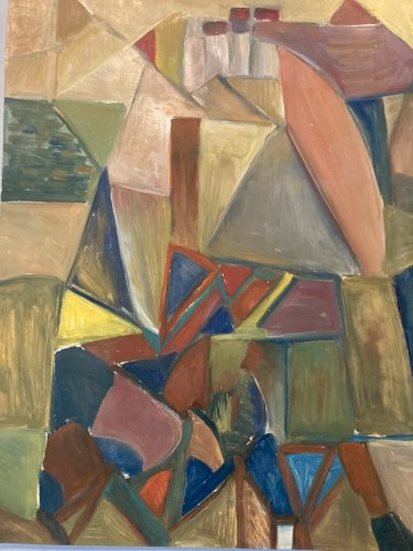 Peinture Huile Papier Abstrait Abstraction 1980 Art Paysage Cubisme