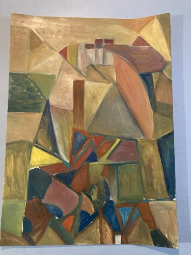 Peinture Huile Papier Abstrait Abstraction 1980 Art Paysage Cubisme