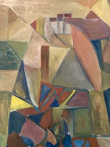 Peinture Huile Papier Abstrait Abstraction 1980 Art Paysage Cubisme