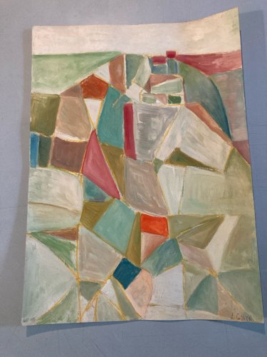 Peinture Huile Papier Abstrait Abstraction 1980 Paysage Art Cubisme