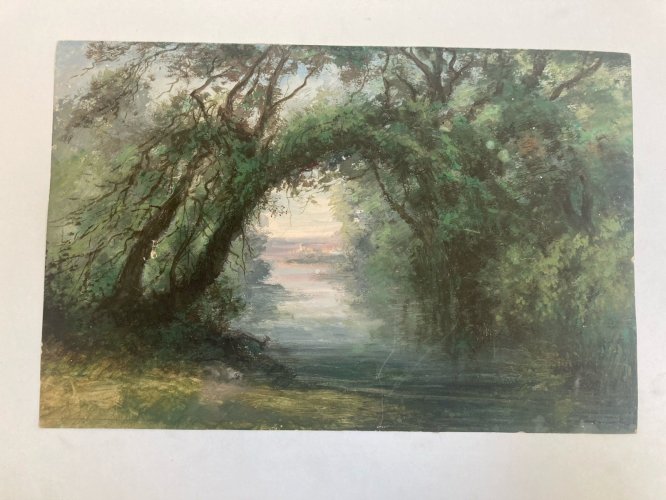 Peinture Huile Papier Paysage   À Identifier XIXe Forêt Barbizon École Ancien