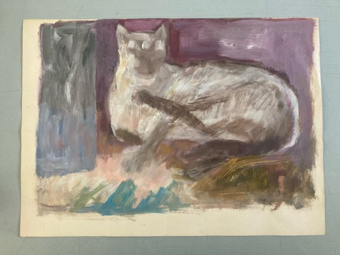 Peinture Huile Papier Portrait 1970 Art Chat Animal Animaux Expressionniste