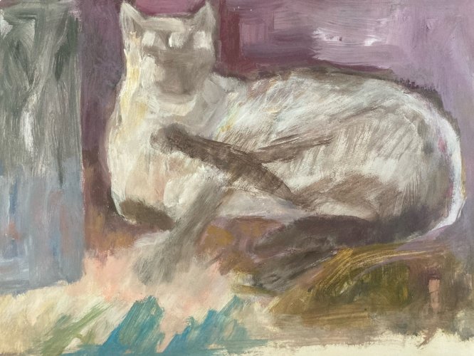 Peinture Huile Papier Portrait 1970 Art Chat Animal Animaux Expressionniste