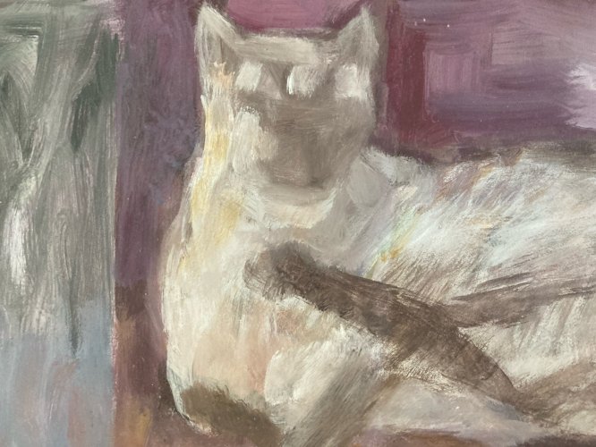 Peinture Huile Papier Portrait 1970 Art Chat Animal Animaux Expressionniste