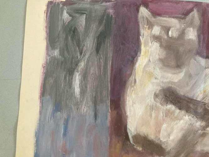 Peinture Huile Papier Portrait 1970 Art Chat Animal Animaux Expressionniste